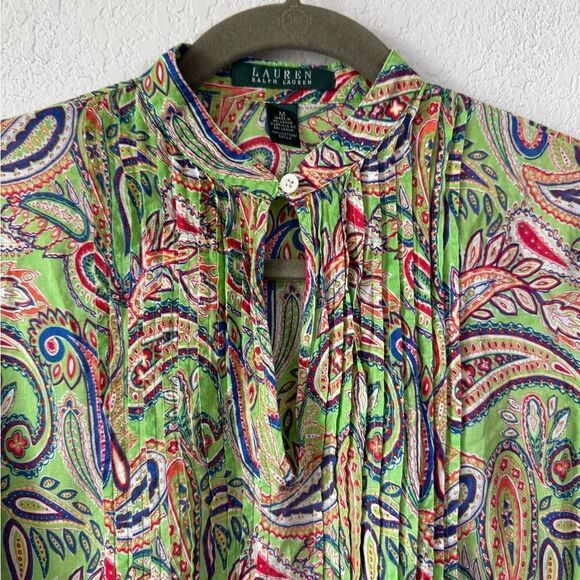 Lauren Ralph Lauren Green Paisley Print Cotton Top Blouse Sz M Lightweight Boho - Picture 5 of 7